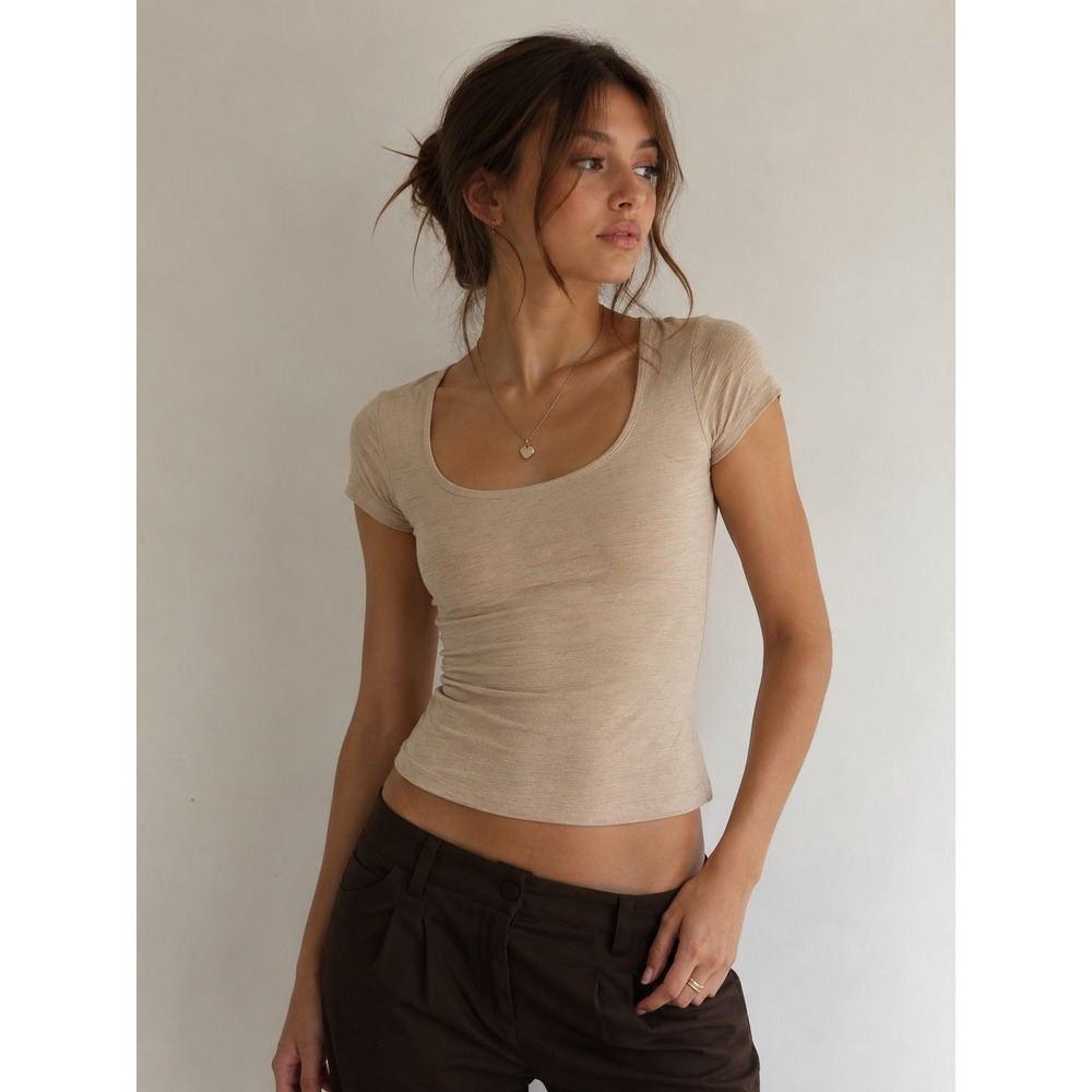 90s Minimalist Beige Textured Scoop Neck Baby Tee Fitted Stretch Cropped Top SM